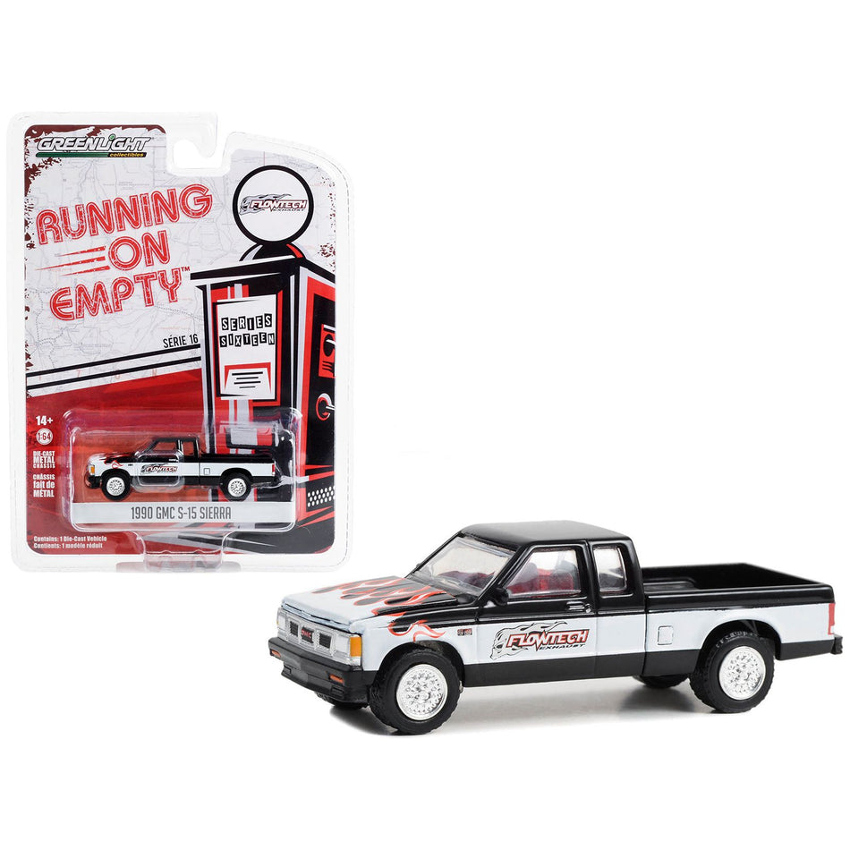 1990 GMC S-15 Sierra Pickup Truck Black and White with Flames "Flowtech Exhaust" "Running on Empty" Series 16 1/64 Diecast Model Car by Greenlight