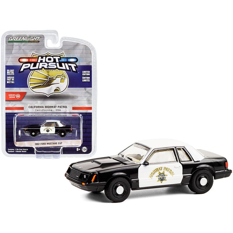 1982 Ford Mustang SSP Black and White CHP "California Highway Patrol" "Hot Pursuit" Series 36 1/64 Diecast Model Car by Greenlight