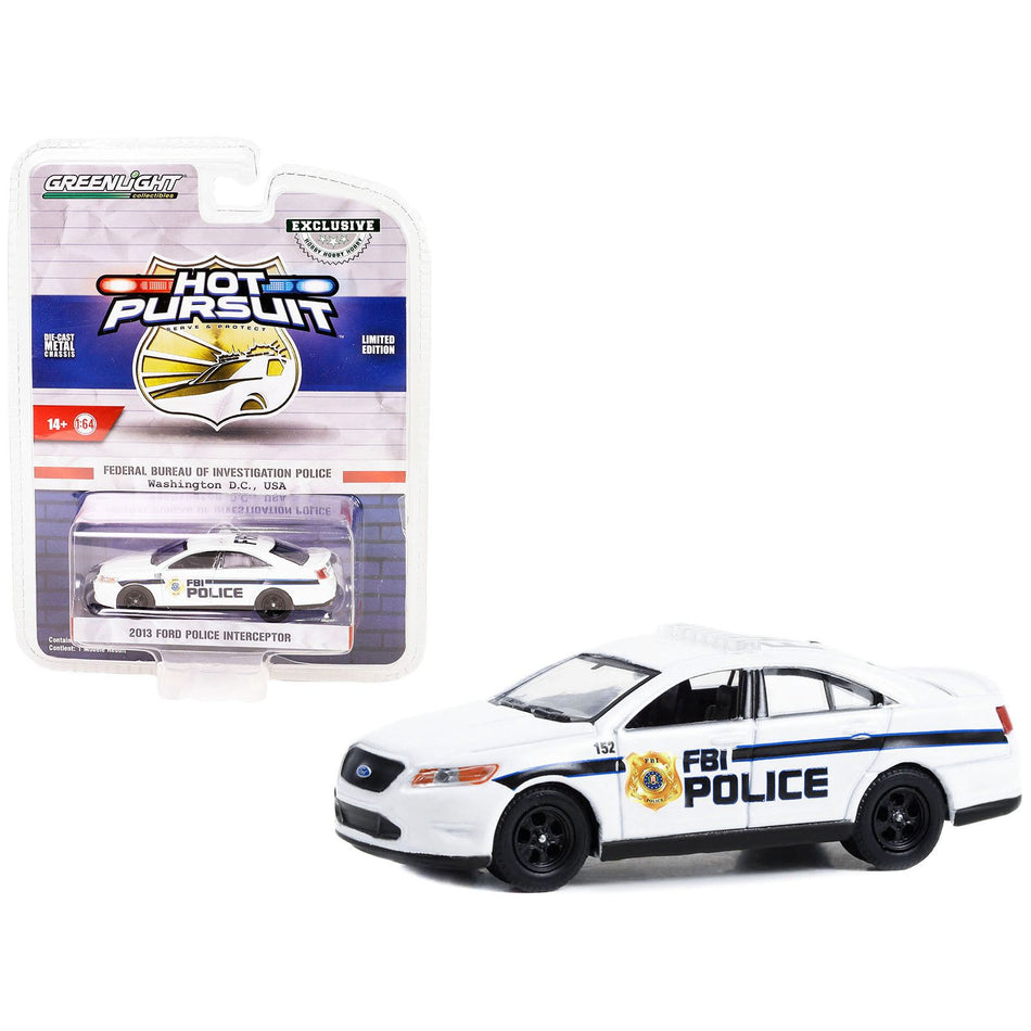 2013 Ford Police Interceptor White "FBI Police (Federal Bureau of Investigation Police)" "Hot Pursuit" Special Edition 1/64 Diecast Model Car by Greenlight