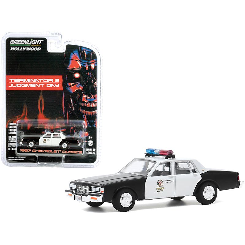 1987 Chevrolet Caprice "Metropolitan Police" Black and White "Terminator 2: Judgment Day" (1991) Movie "Hollywood Series" Release 29 1/64 Diecast Model Car by Greenlight