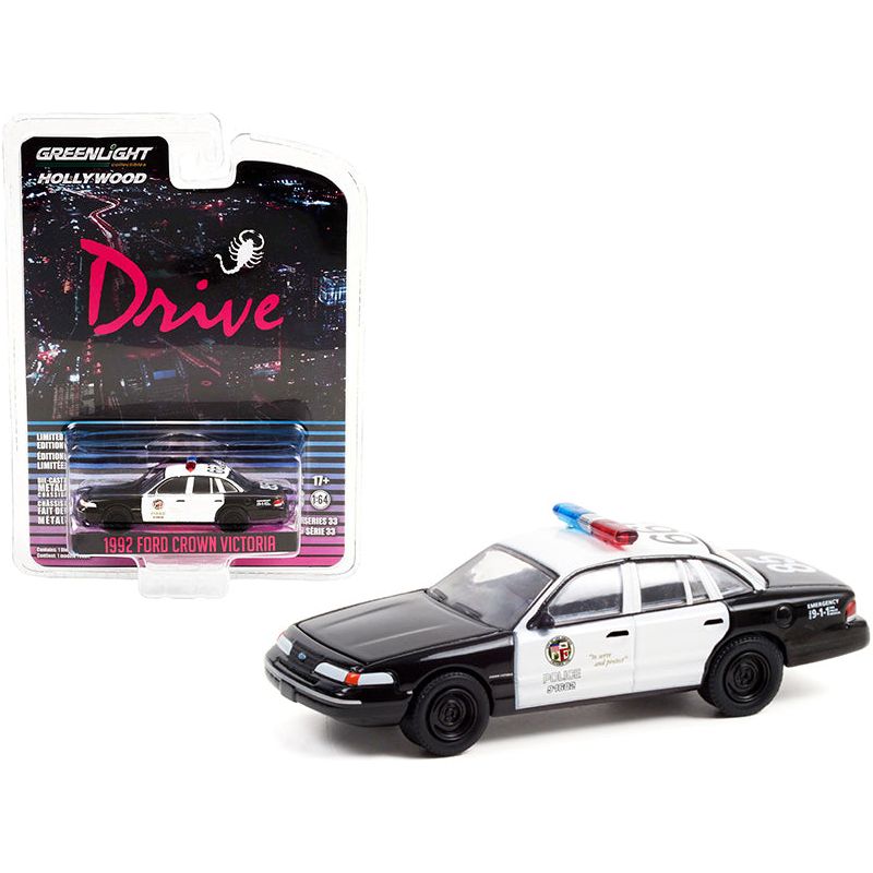 1992 Ford Crown Victoria Police Interceptor Black and White "Los Angeles Police Department" (LAPD) "Drive" (2011) Movie "Hollywood Series" Release 33 1/64 Diecast Model Car by Greenlight