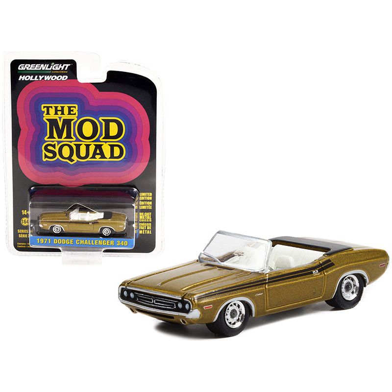 1971 Dodge Challenger 340 Convertible Gold Metallic with Black Stripes "The Mod Squad" (1968-1973) TV Series "Hollywood Series" Release 34 1/64 Diecast Model Car by Greenlight