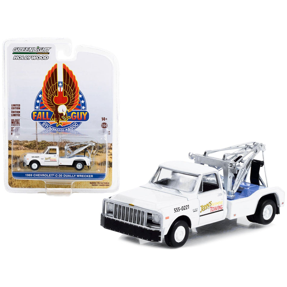 1969 Chevrolet C-30 Dually Wrecker Tow Truck White "Jerry’s Towing" "Fall Guy Stuntman Association" Hollywood Special Edition 1/64 Diecast Model Car by Greenlight