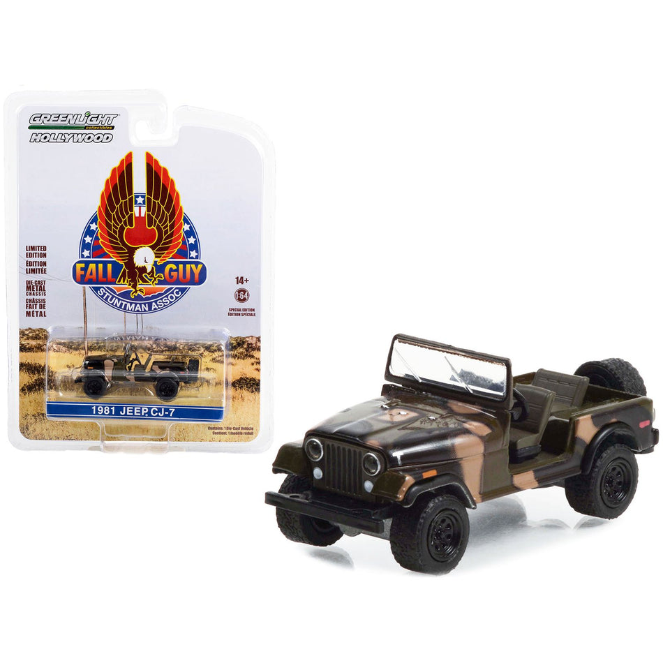 1981 Jeep CJ-7 Camouflage "Fall Guy Stuntman Association" Hollywood Special Edition 1/64 Diecast Model Car by Greenlight