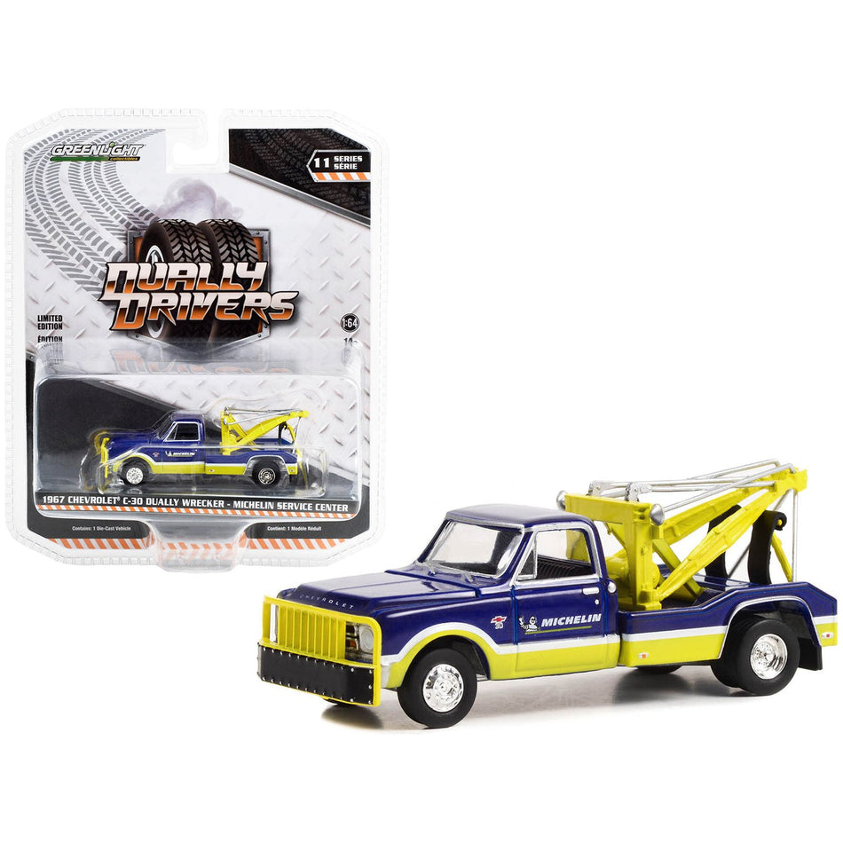 1967 Chevrolet C-30 Dually Wrecker Tow Truck "Michelin Service Center" Blue and Yellow "Dually Drivers" Series 11 1/64 Diecast Model Car by Greenlight