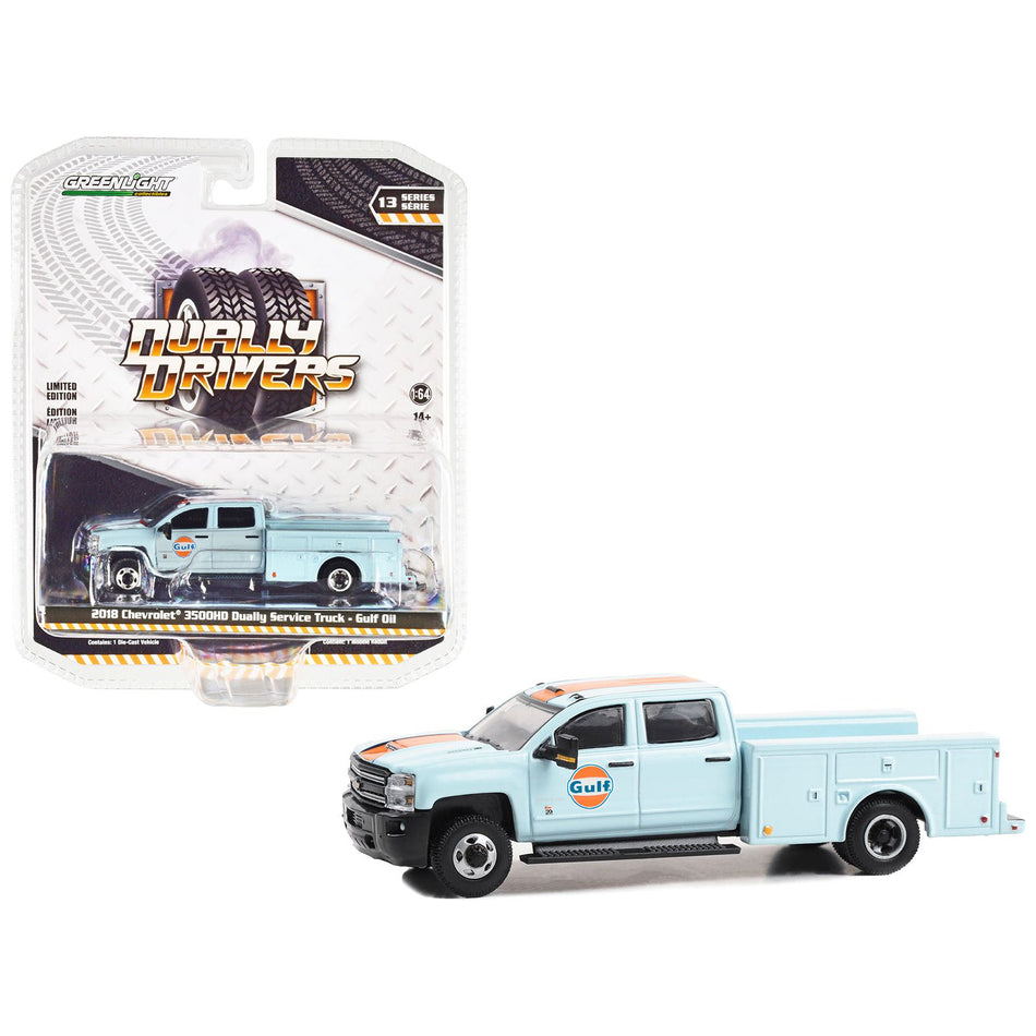 2018 Chevrolet 3500HD Dually Service Truck Light Blue with Orange Stripe "Gulf Oil" "Dually Drivers" Series 13 1/64 Diecast Model Car by Greenlight