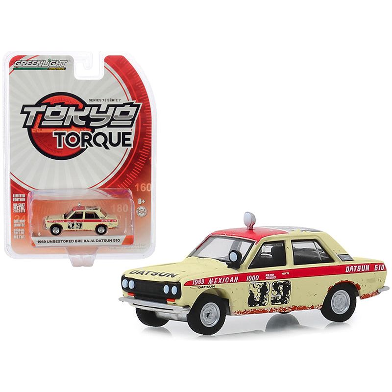 1969 Datsun 510 4-Door Sedan #89 Peter Brock "Brock Racing Enterprises" (BRE) Mexican 1000 Rally (1969) (Unrestored) "Tokyo Torque" Series 7 1/64 Diecast Model Car by Greenlight