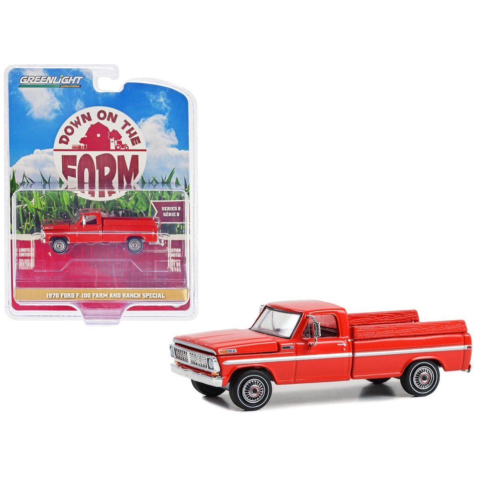 1970 Ford F-100 Pickup Truck "Farm and Ranch Special" Candy Apple Red with Side Cargo Boards "Down on the Farm" Series 8 1/64 Diecast Model by Greenlight