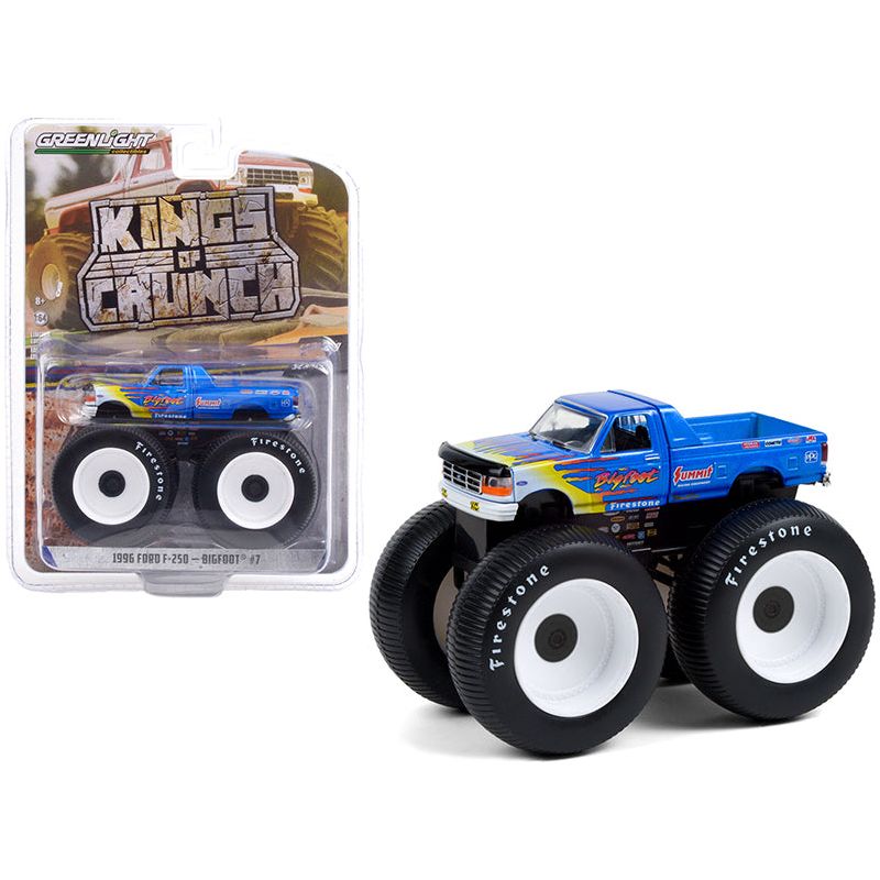 1996 Ford F-250 Monster Truck "Bigfoot #7" Blue with Flames "Bigfoot at Race Rock" "Kings of Crunch" Series 9 1/64 Diecast Model Car by Greenlight