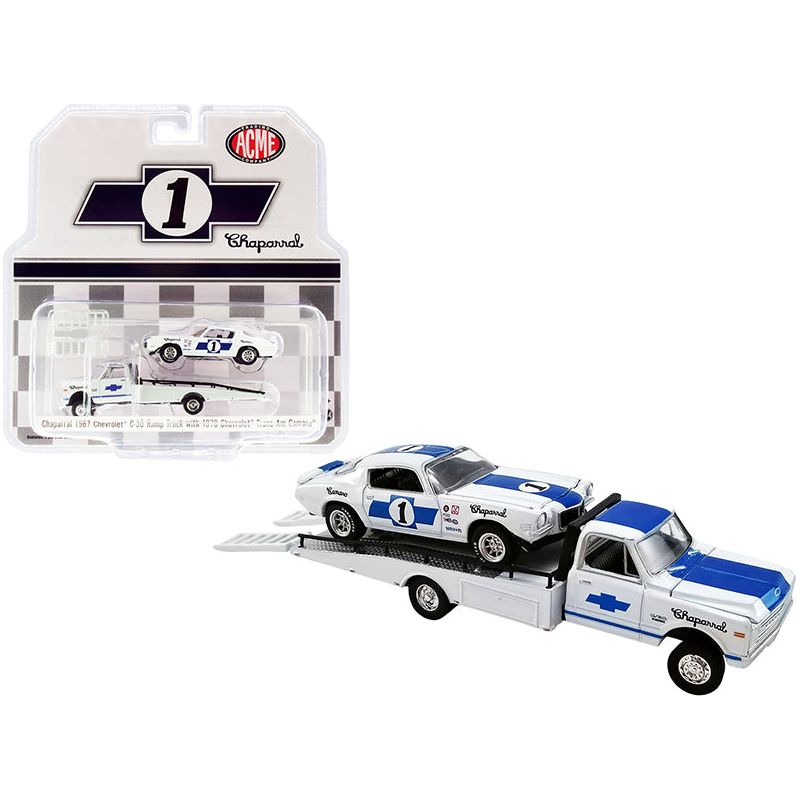 1967 Chevrolet C-30 Ramp Truck with 1970 Chevrolet Trans Am Camaro #1 White with Blue Stripes "Chaparral" "Acme Exclusive" 1/64 Diecast Model Cars by Greenlight for ACME