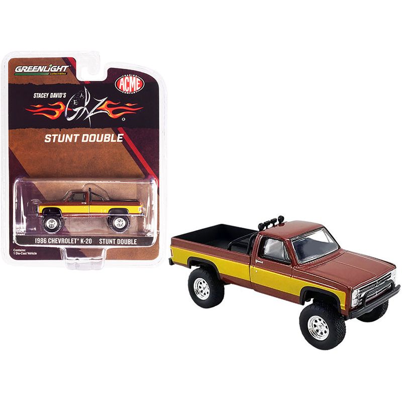 1986 Chevrolet K-20 Pickup Truck "Stunt Double" Brown Metallic with Gold Side Stripes (Stacey David's GearZ) Fall Guy Tribute 1/64 Diecast Model Car by Greenlight for ACME