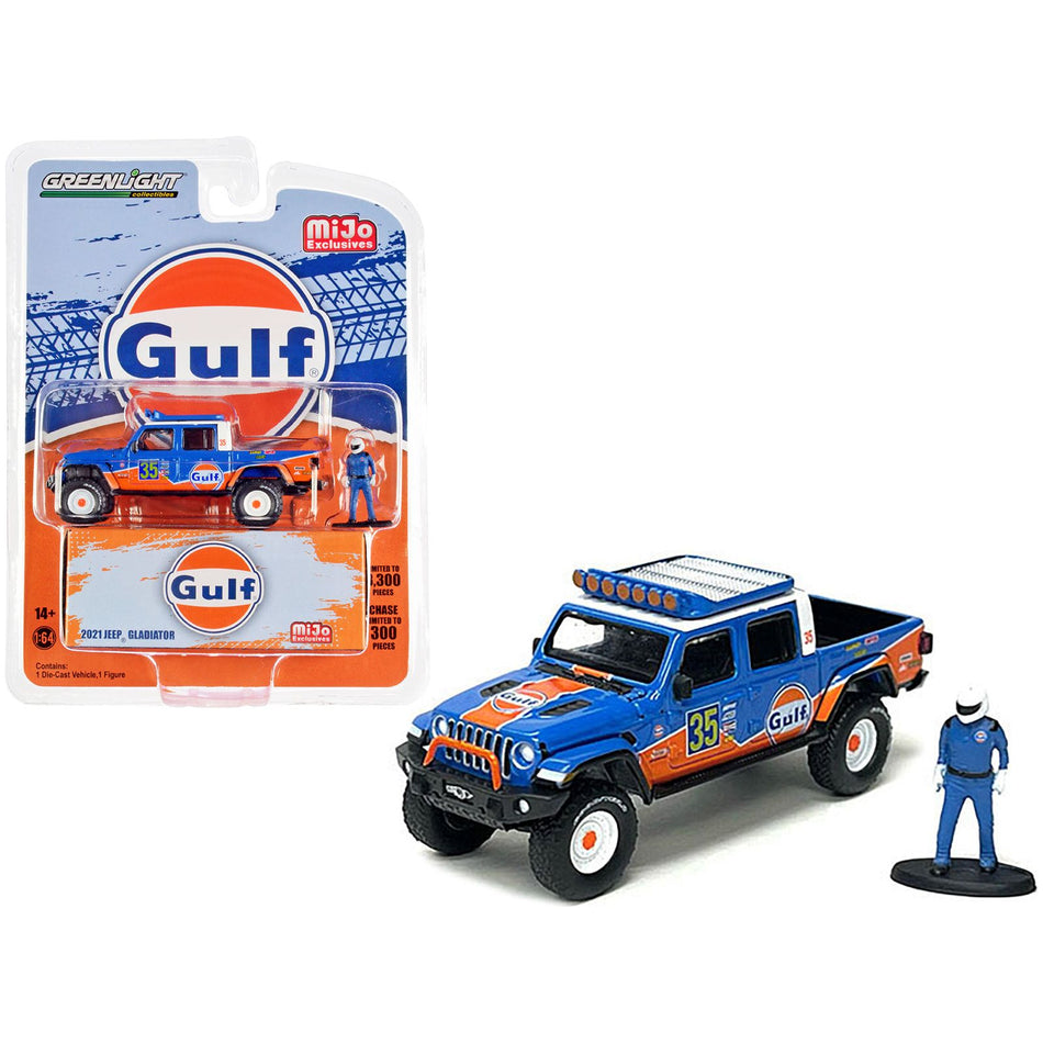 2021 Jeep Gladiator Pickup Truck #35 "Gulf Oil" and Driver Figure Limited Edition to 3300 pieces Worldwide 1/64 Diecast Model Car by Greenlight