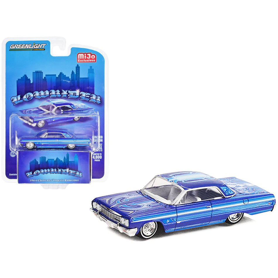 1964 Chevrolet Impala SS Lowrider Blue Metallic with Graphics "Mijo Exclusives" Series Limited Edition to 4800 pieces Worldwide 1/64 Diecast Model Car by Greenlight