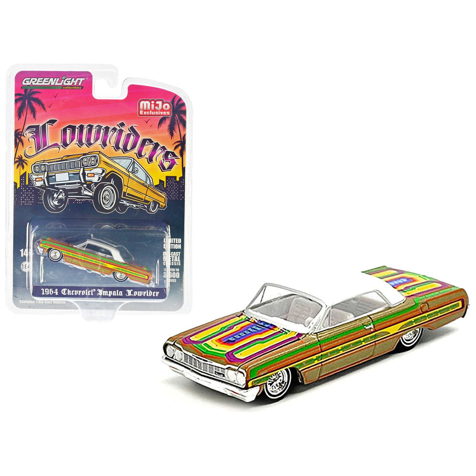 1964 Chevrolet Impala Lowrider Gold Metallic with Graphics and White Top and Interior "Lowriders" Series Limited Edition to 3600 pieces Worldwide 1/64 Diecast Model Car by Greenlight