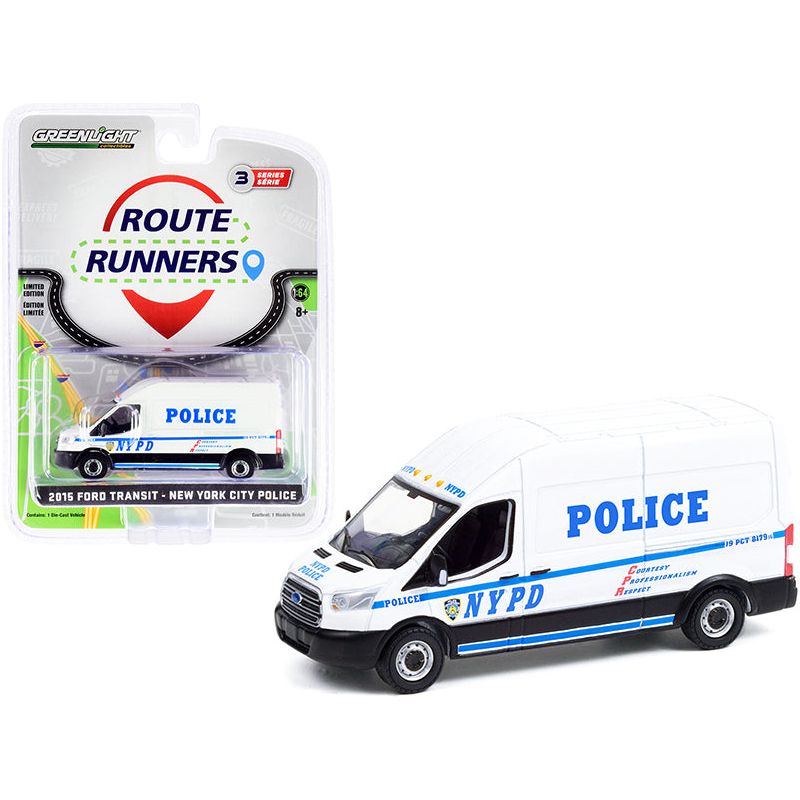 2015 Ford Transit LWB High Roof Van White "NYPD" (New York City Police Department) "Route Runners" Series 3 1/64 Diecast Model by Greenlight