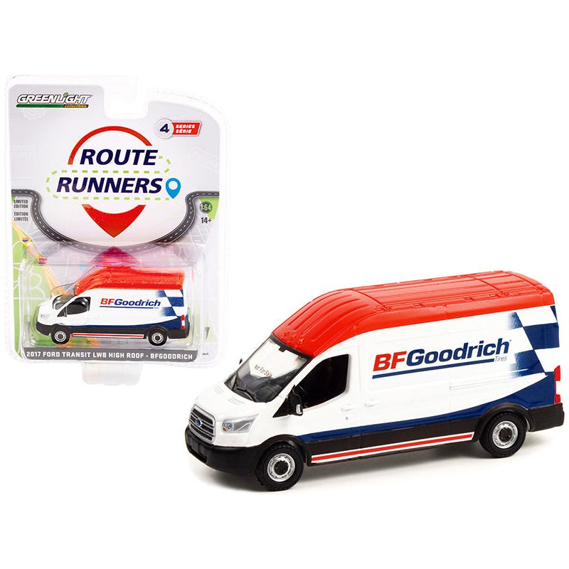 2017 Ford Transit LWB High Roof Van White and Blue with Red Top "BFGoodrich" "Route Runners" Series 4 1/64 Diecast Model Car by Greenlight