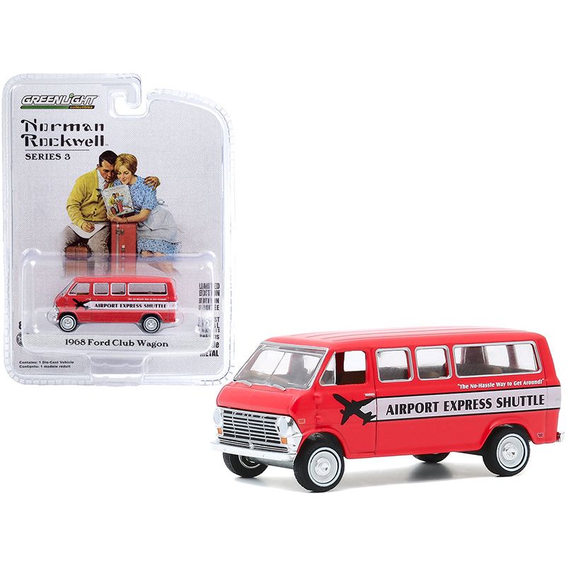 1968 Ford Club Wagon Bus "Airport Express Shuttle" Red with White Stripe "Norman Rockwell" Series 3 1/64 Diecast Model Car by Greenlight