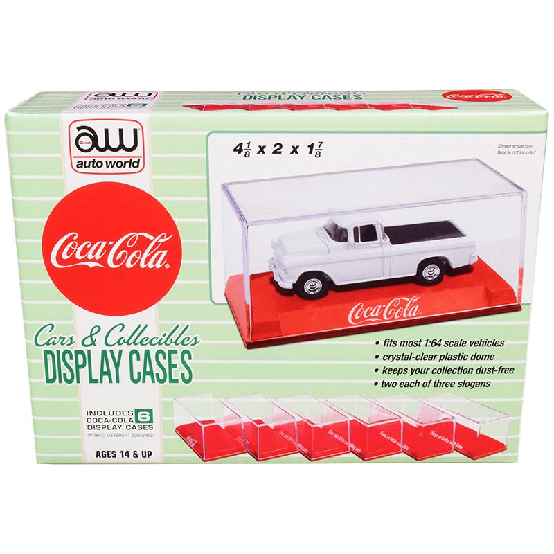 6 Collectible Acrylic Display Show Cases with Red Plastic Bases with 3 Different Slogans "Coca-Cola" for 1/64 Scale Model Cars by Auto World-Autoworld-ModelCars.com