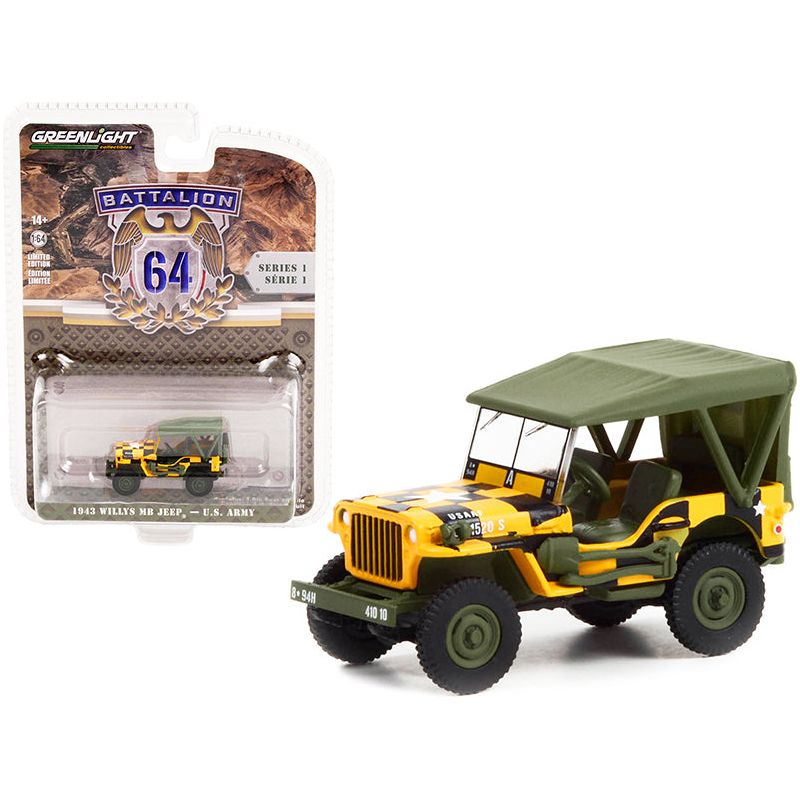 1943 Willys MB Jeep Yellow and Black with Green Top "Follow Me" U.S. Army "Battalion 64" Release 1 1/64 Diecast Model Car by Greenlight