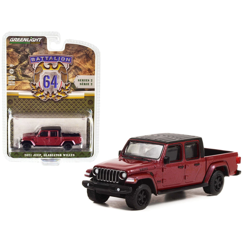 2021 Jeep Gladiator Willys Pickup Truck Snazzberry Red Metallic with Black Top "Battalion 64" Release 2 1/64 Diecast Model Car by Greenlight