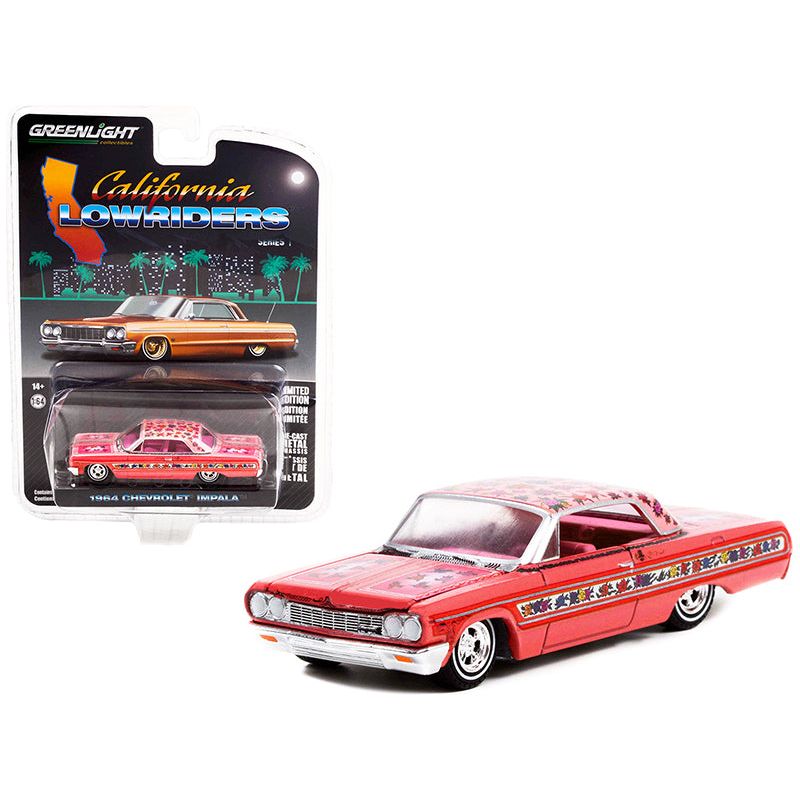 1964 Chevrolet Impala Lowrider Pink Metallic with Rose Graphics and Pink Interior "California Lowriders" Release 1 1/64 Diecast Model Car by Greenlight