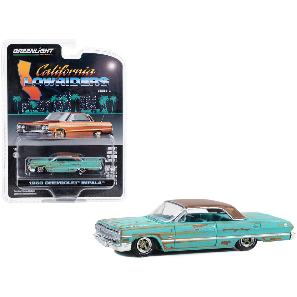 1963 Chevrolet Impala Lowrider Teal Patina (Rusted) with Brown Top and Teal Interior "California Lowriders" Series 3 1/64 Diecast Model Car by Greenlight