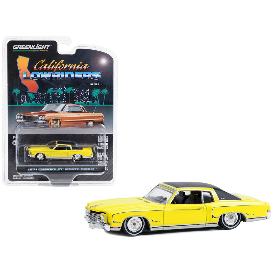 1971 Chevrolet Monte Carlo Lowrider Sunflower Yellow with Black Top "California Lowriders" Series 3 1/64 Diecast Model Car by Greenlight