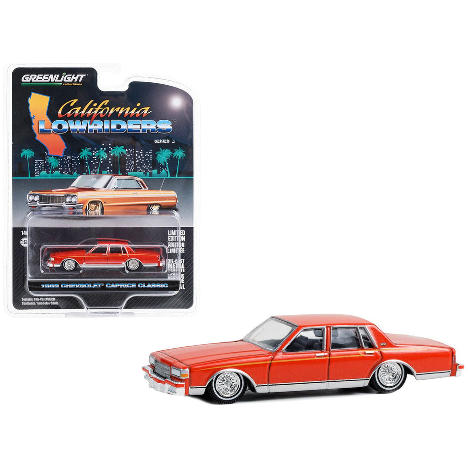 1989 Chevrolet Caprice Classic Lowrider Custom Red Orange with Yellow Stripes "California Lowriders" Series 3 1/64 Diecast Model Car by Greenlight