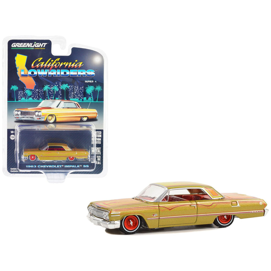 1963 Chevrolet Impala SS Lowrider Gold Metallic with Red Graphics and Interior "California Lowriders" Series 4 1/64 Diecast Model Car by Greenlight