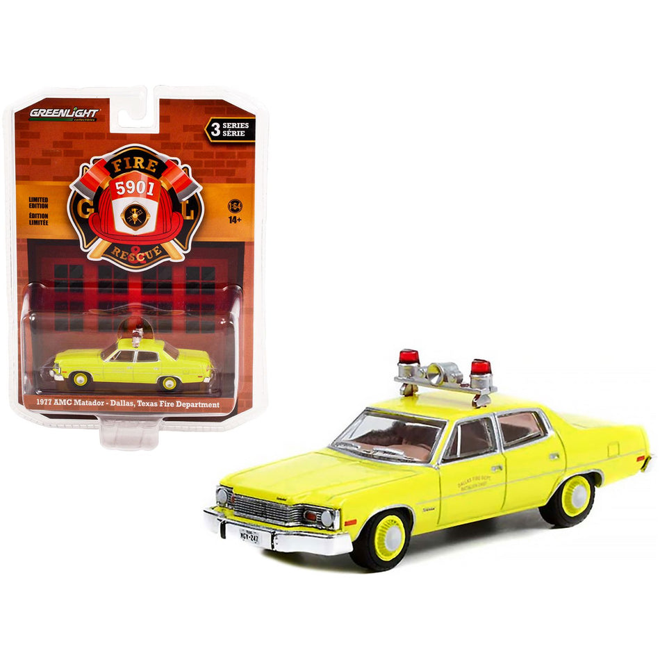 1977 AMC Matador Yellow "Dallas Fire Department" (Texas) "Fire & Rescue" Series 3 1/64 Diecast Model Car by Greenlight