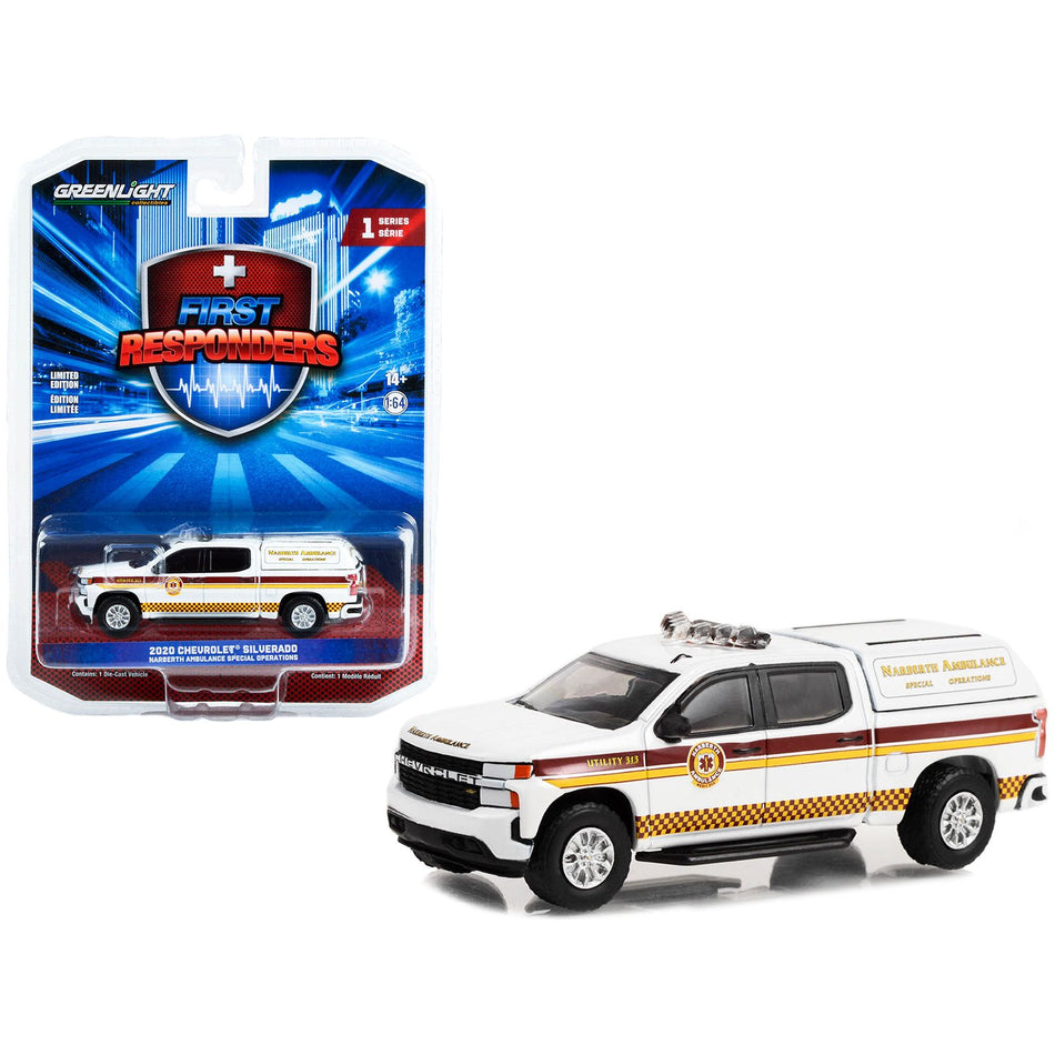 2020 Chevrolet Silverado Pickup Truck with Camper Shell White with Stripes "Narberth Ambulance Special Operations Narberth Pennsylvania" "First Responders" Series 1 1/64 Diecast Model Car by Greenlight