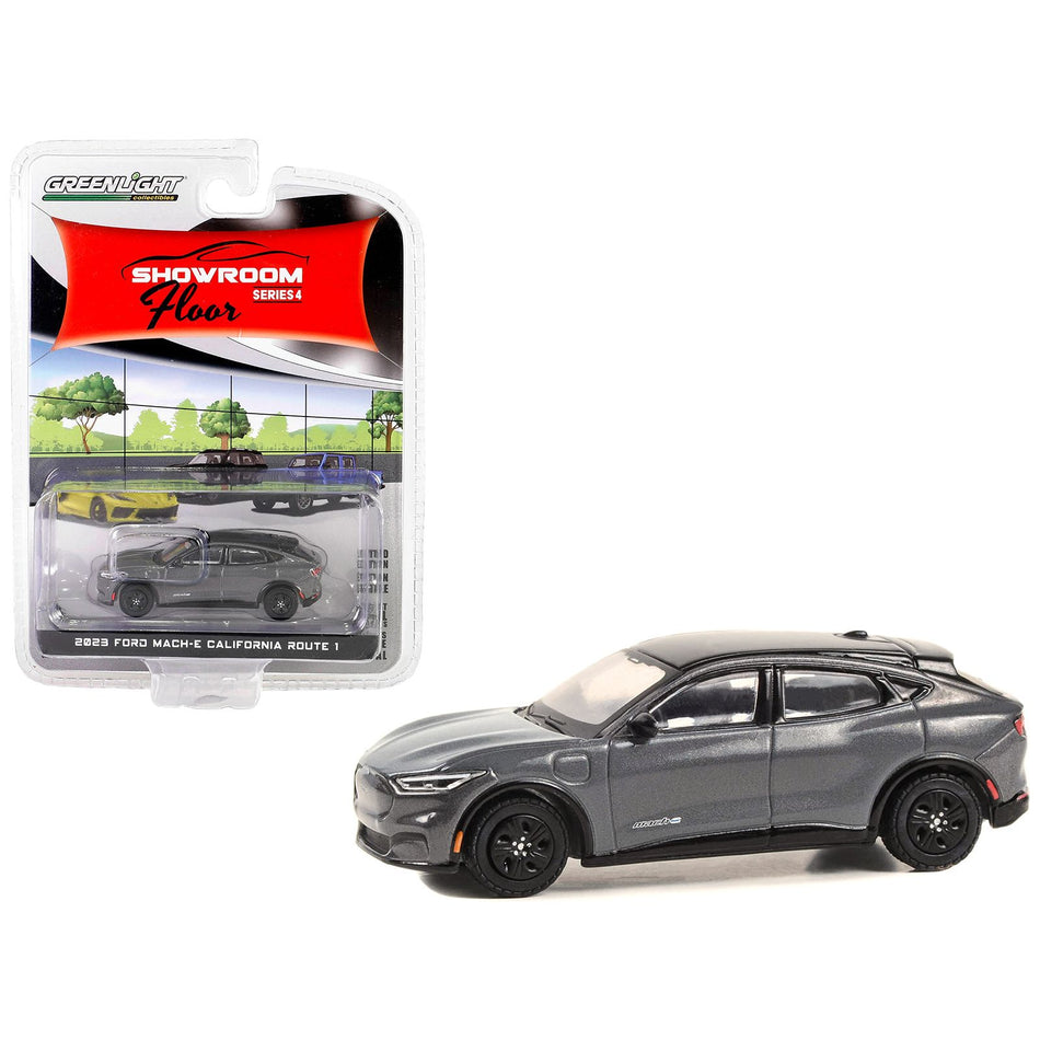 2023 Ford Mustang Mach-E California Route 1 Carbonized Gray Metallic with Black Top "Showroom Floor" Series 4 1/64 Diecast Model Car by Greenlight