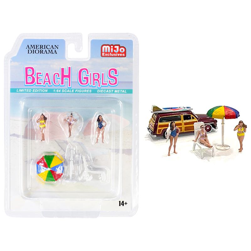 "Beach Girls" 5 piece Diecast Set (3 Figurines 1 Beach Chaise and 1 Beach Umbrella) for 1/64 Scale Models by American Diorama