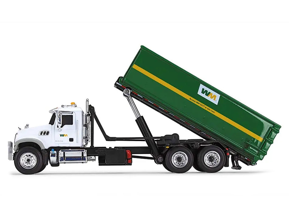 Mack Granite MP Refuse Garbage Truck with Tub-Style Roll-Off Container "Waste Management" White and Green 1/87 (HO) Diecast Model by First Gear