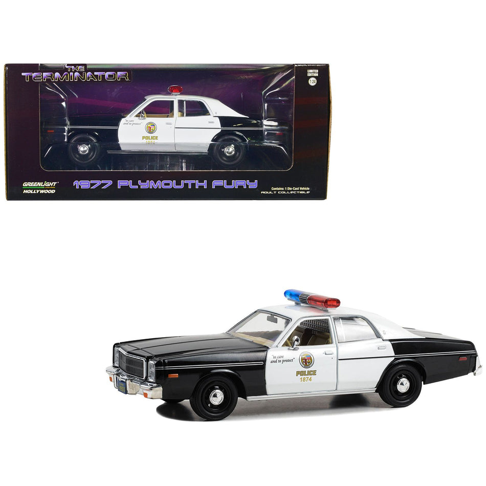 1977 Plymouth Fury Black and White "Metropolitan Police" "The Terminator" (1984) Movie "Hollywood" Series 1/24 Diecast Model Car by Greenlight