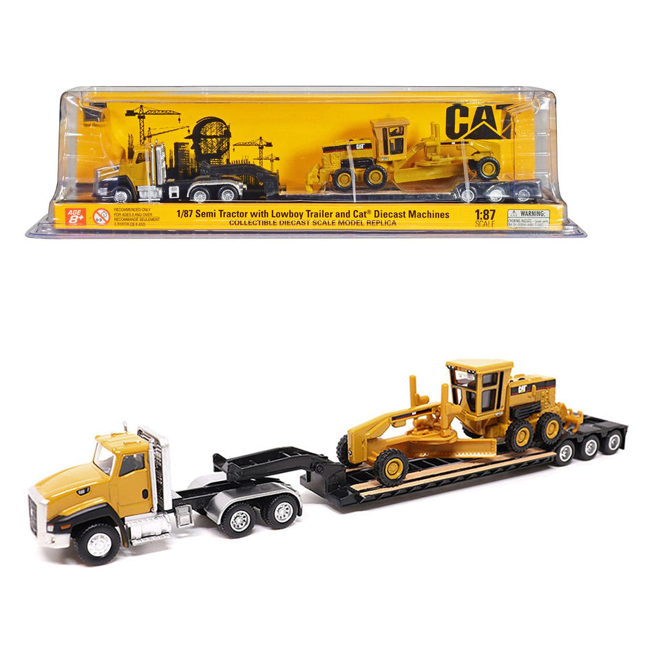 CAT Caterpillar CT660 Day Cab Tractor Yellow with Lowboy Trailer and CAT 163H Motor Grader Yellow 1/87 (HO) Diecast Model by Diecast Masters