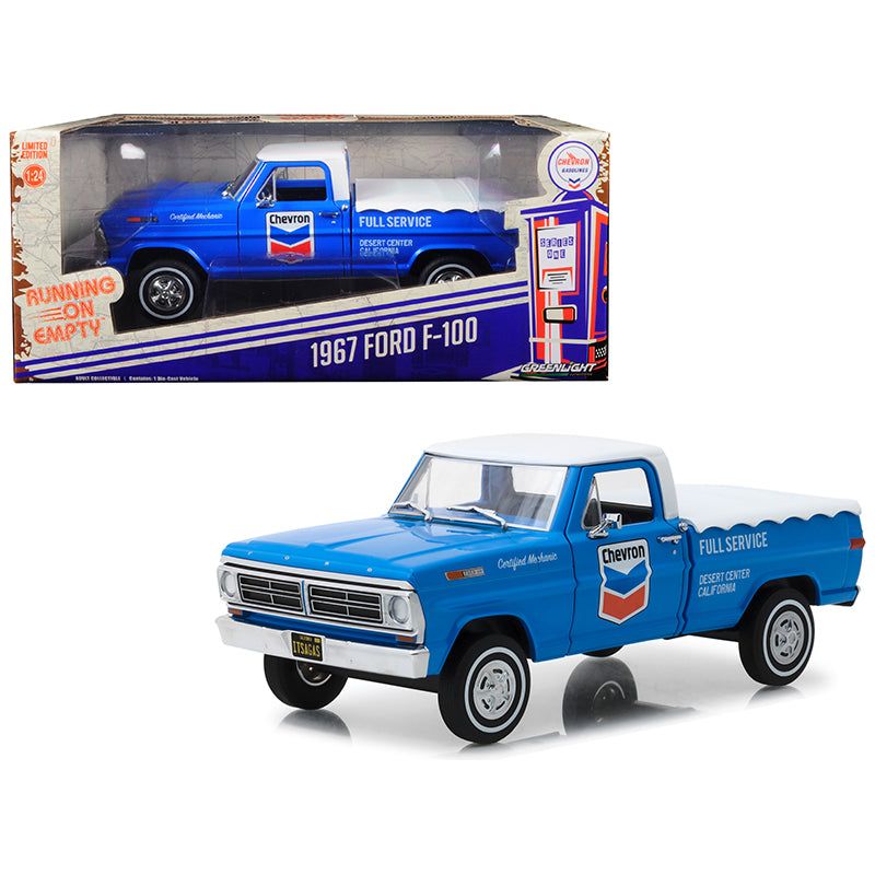 1967 Ford F-100 with Bed Cover "Chevron Full Service" Blue with White Top Running on Empty Series 1/24 Diecast Model Car by Greenlight