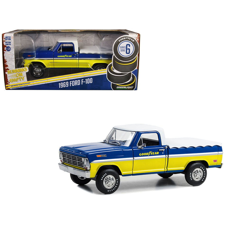 1969 Ford F-100 Pickup Truck Blue and Yellow with White Top and Bed Cover "Goodyear Tires" "Running on Empty" Series 6 1/24 Diecast Model Car by Greenlight