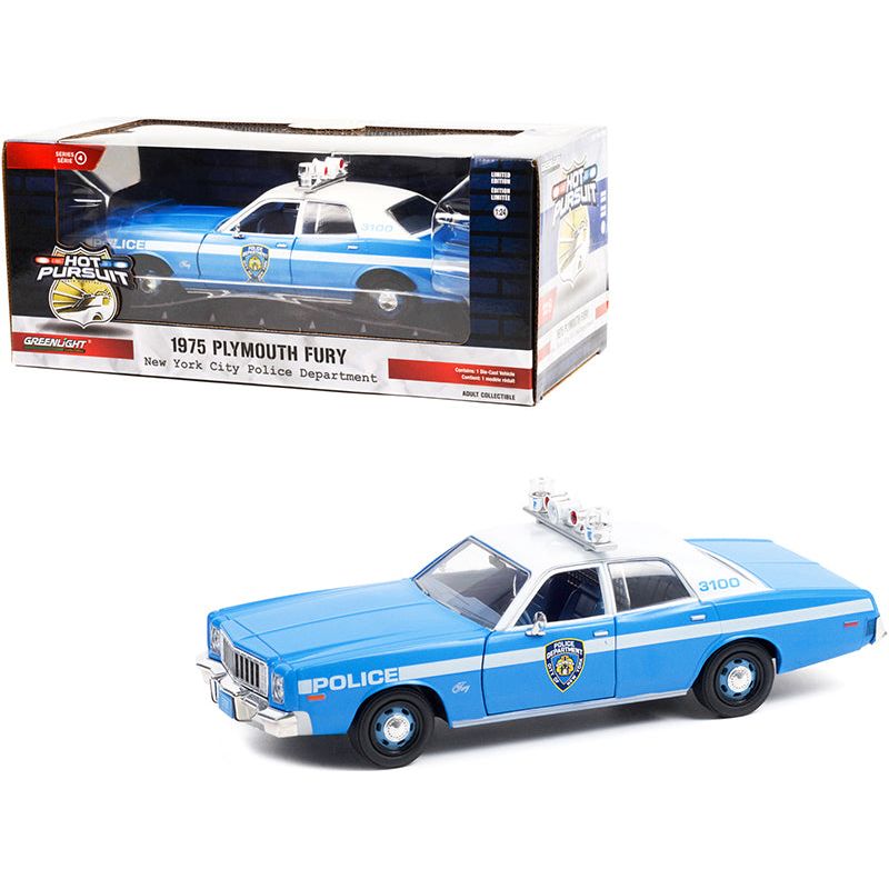 1975 Plymouth Fury Light Blue with White Top "New York City Police Department" (NYPD) "Hot Pursuit" Series 1/24 Diecast Model Car by Greenlight