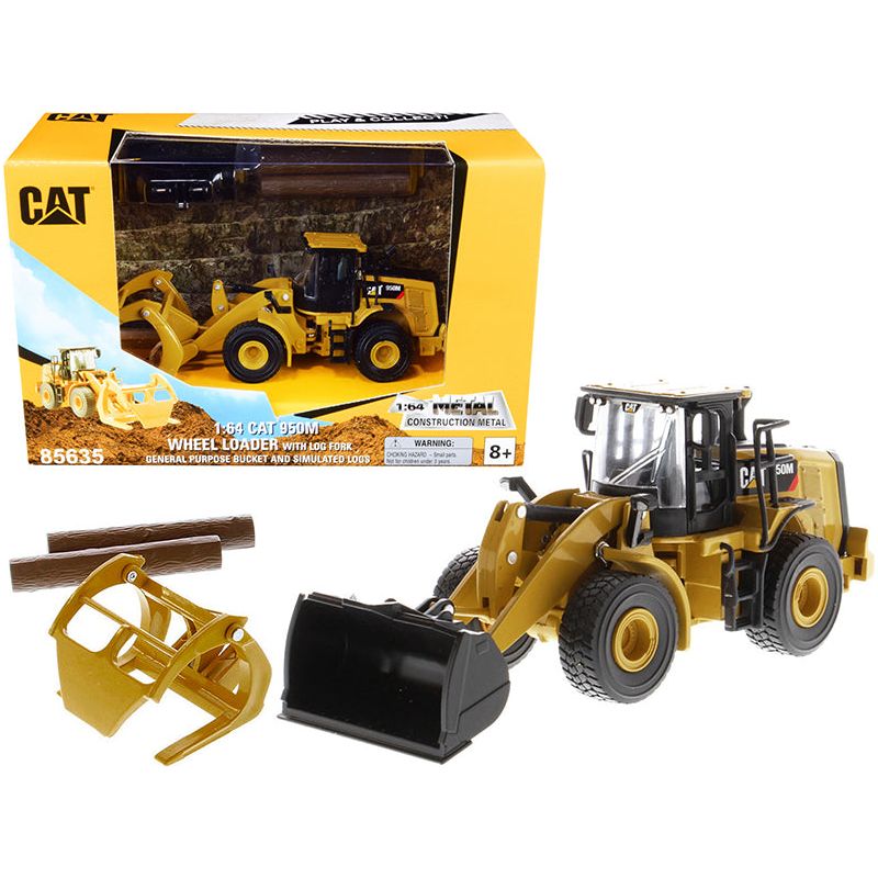 CAT Caterpillar 950M Wheel Loader with Bucket and Log Fork with Two Log Poles "Play & Collect!" 1/64 Diecast Model by Diecast Masters