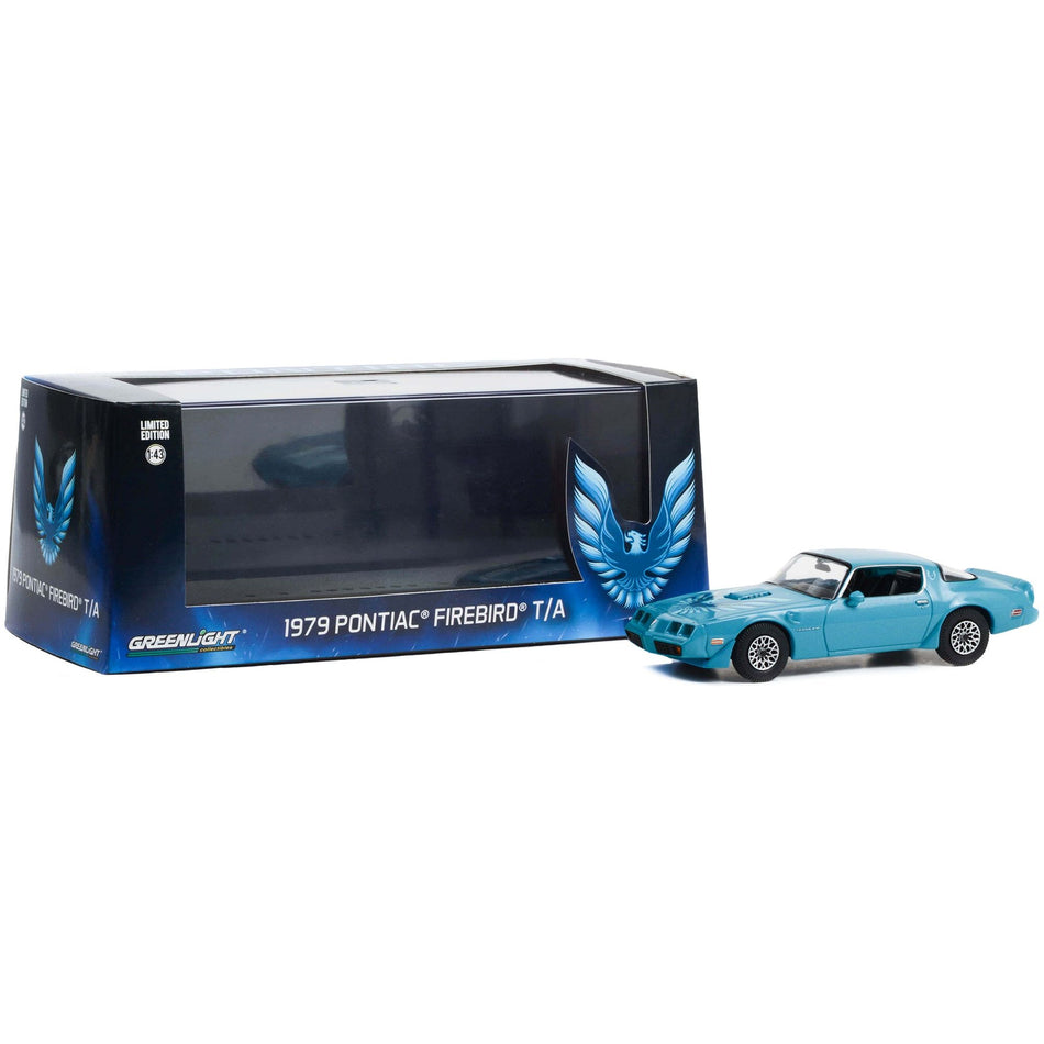 1979 Pontiac Firebird T/A Trans Am Atlantis Blue with Hood Phoenix 1/43 Diecast Model Car by Greenlight