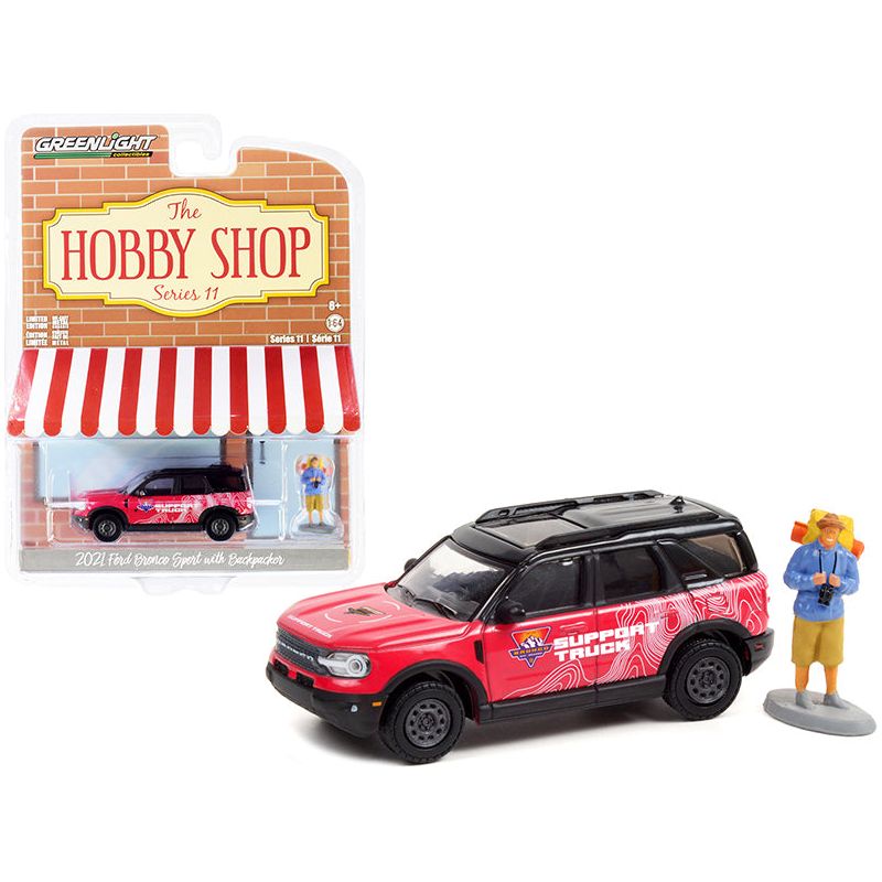 2021 Ford Bronco Sport Pink and Black "Off-Roadeo Adventure Support Truck" with Backpacker Figurine "The Hobby Shop" Series 11 1/64 Diecast Model Car by Greenlight