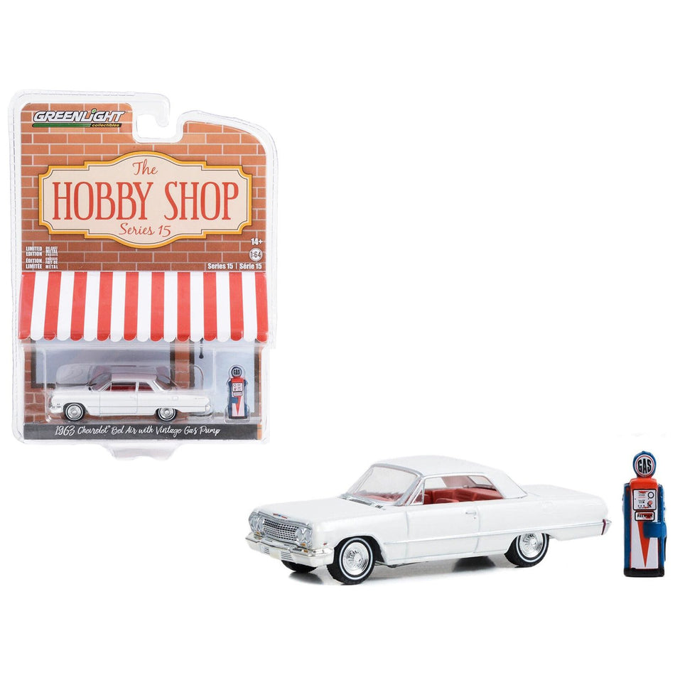 1963 Chevrolet Bel Air White with Orange Interior and Vintage Gas Pump "The Hobby Shop" Series 15 1/64 Diecast Model Car by Greenlight