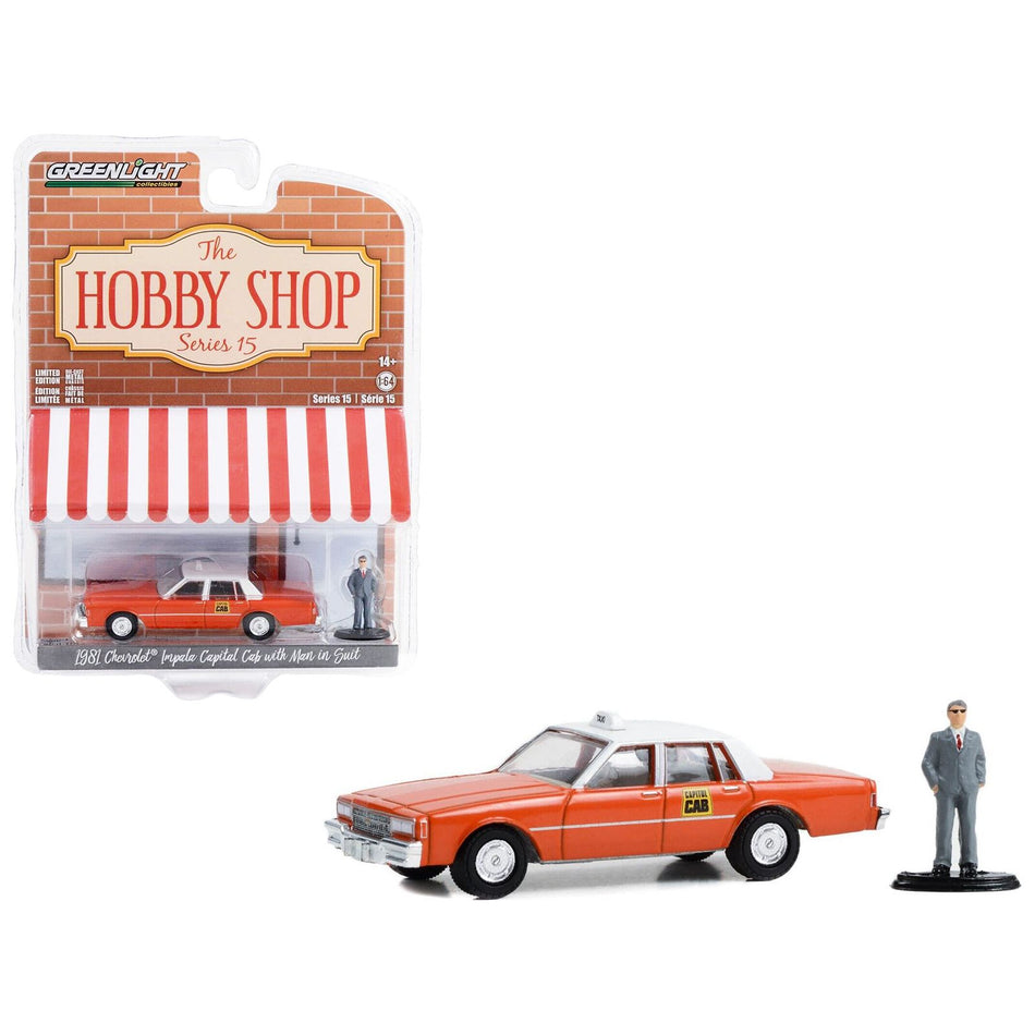 1981 Chevrolet Impala "Capitol Cab" Taxi Orange with White Top and Man in Suit Figure "The Hobby Shop" Series 15 1/64 Diecast Model Car by Greenlight