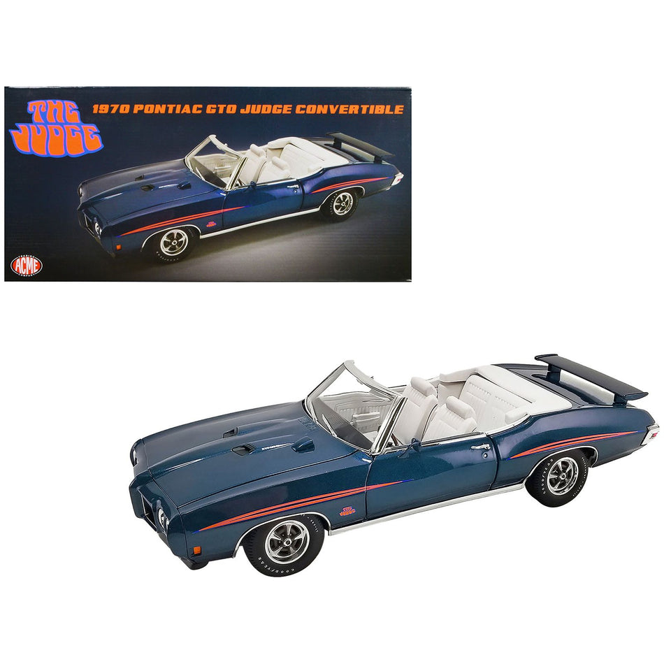 1970 Pontiac GTO Judge Convertible Atoll Blue Metallic with Graphics and White Interior Limited Edition to 432 pieces Worldwide 1/18 Diecast Model Car by ACME