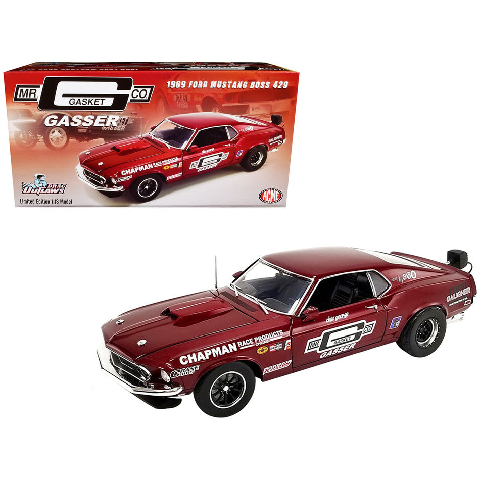 1969 Ford Mustang BOSS 429 Gasser Dark Red Metallic "Mr. Gasket Co." "Drag Outlaws" Series Limited Edition to 870 pieces Worldwide 1/18 Diecast Model Car by ACME