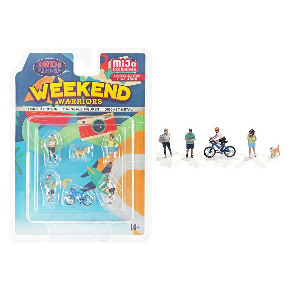 "Weekend Warriors" 6 piece Diecast Figure Set (4 Figures 1 Dog 1 Bicycle) Limited Edition to 2400 pieces Worldwide for 1/64 Scale Models by American Diorama