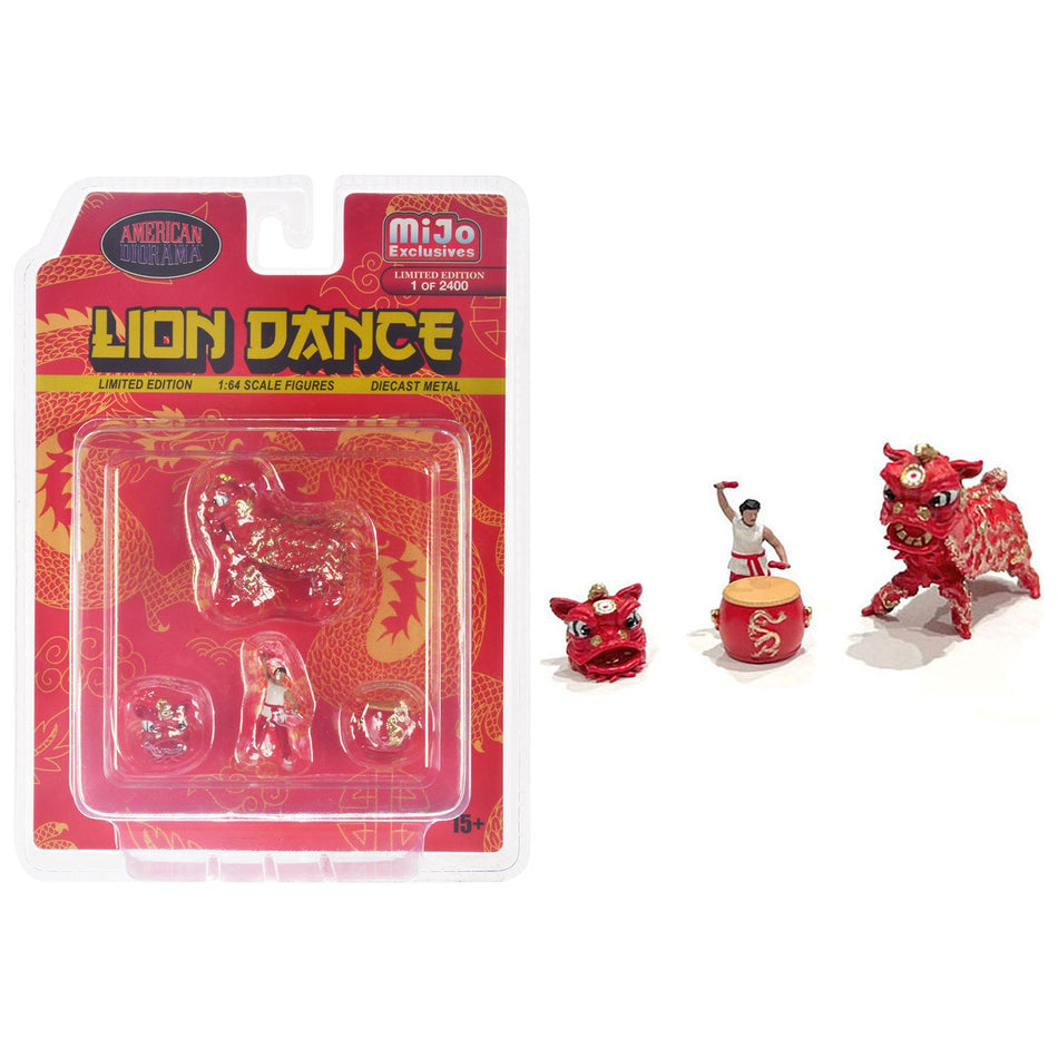 "Lion Dance" 4 piece Diecast Figure Set (1 Figures 1 Lion 2 Accessories) Limited Edition to 2400 pieces Worldwide for 1/64 Scale Models by American Diorama