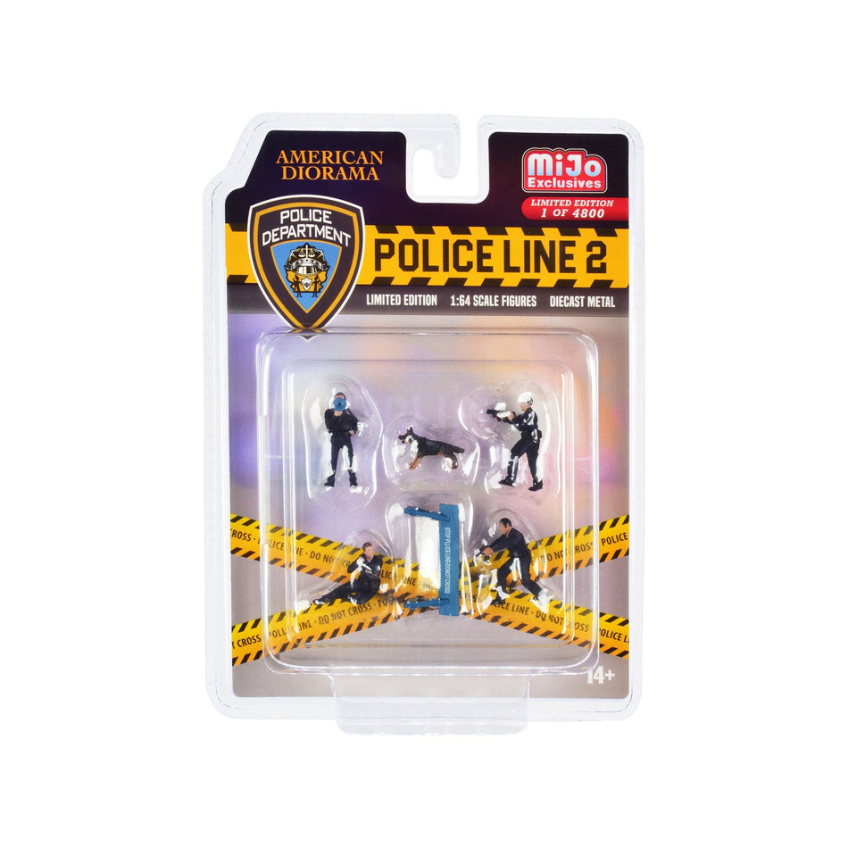 "Police Line 2" 6 piece Diecast Set (4 Police Figures 1 Dog Figure and 1 Accessory) Limited Edition to 4800 pieces Worldwide for 1/64 Scale Models by American Diorama