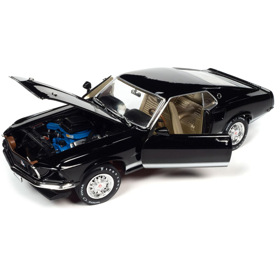 1969 Ford Mustang GT Raven Black with White Stripes and Gold Interior 1/18 Diecast Model Car by Auto World